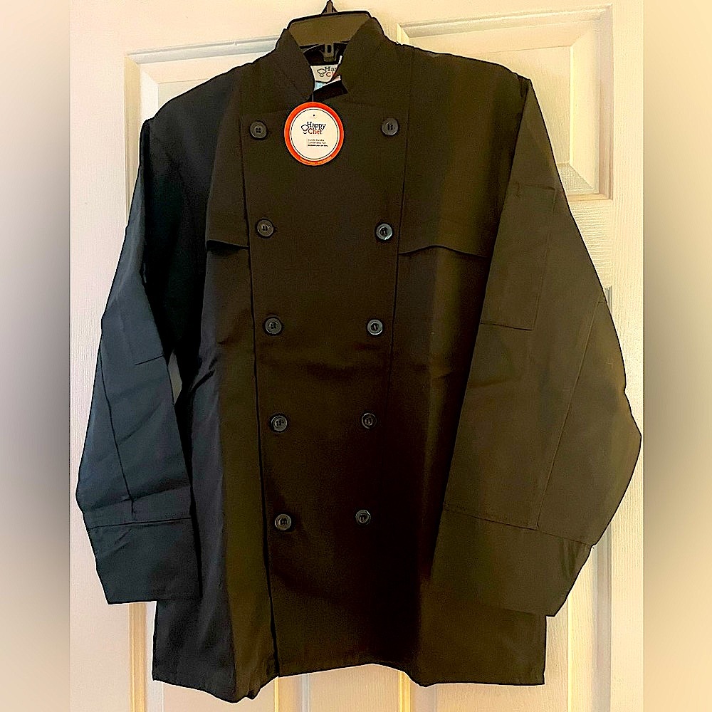 “HAPPY CHEF” UNISEX Black Professional Chef’s Coat/Jacket.  NWT